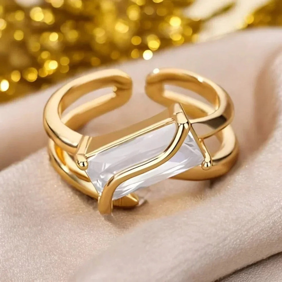 🆕️18K Gold Plated Adjustable Ring w/ Baguette CZ – Twisted Wave Trendy Design - Picture 6 of 11
